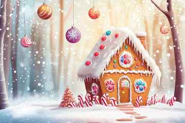 gingerbread house in a snowy forest