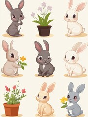 Fototapeta premium Basic english prepositions poster. Study language with cute cartoon rabbit and flower pot. Bunny character in different poses, isolated education vector banner