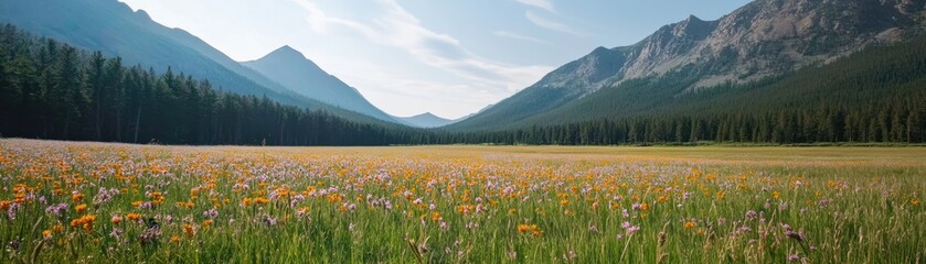 Mountain Meadow Wildflowers Bloom Abundantly Under Blue Sky