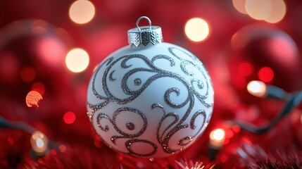 Obraz premium White Christmas ornament with silver swirls against red bokeh lights.
