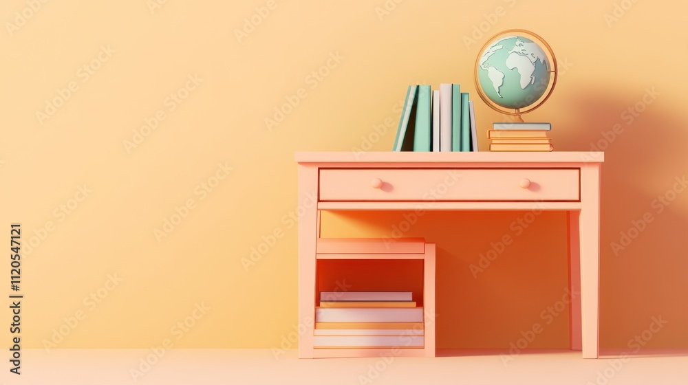 Poster Peach Desk With Books Globe And Stool