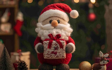Santa Claus plush toy holding a gift bag surrounded by holiday decorations