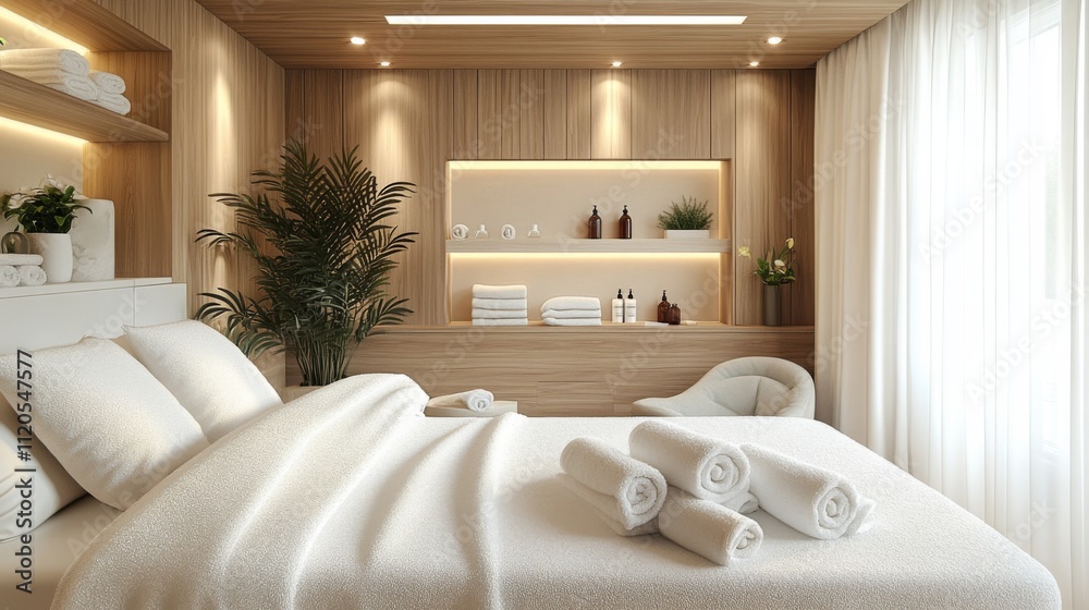 Poster a tranquil spa room designed for relaxation, featuring a plush bed with white linens and neatly roll