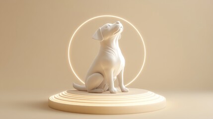 White Dog Sculpture on Illuminated Platform