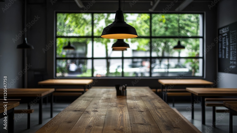 Poster stylish cafe interior showcases wooden tables with pendant lighting, creating an inviting atmosphere