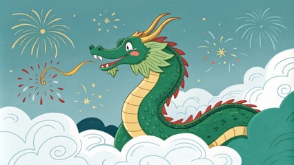 A vibrant emeraldgreen dragon unfurls from fluffy white clouds its shimmering scales reflecting golden sunlight. As it coils gracefully in the sky a burst of colorful fireworks
