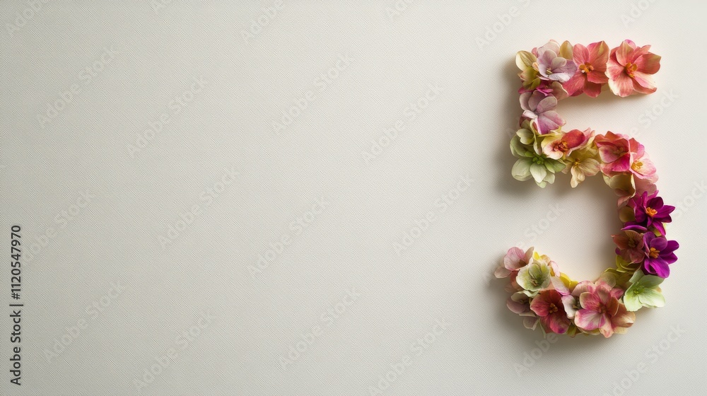 Aufkleber a 3d arrangement forms the number five using layered blossoms in bright hues, showcased against a cl