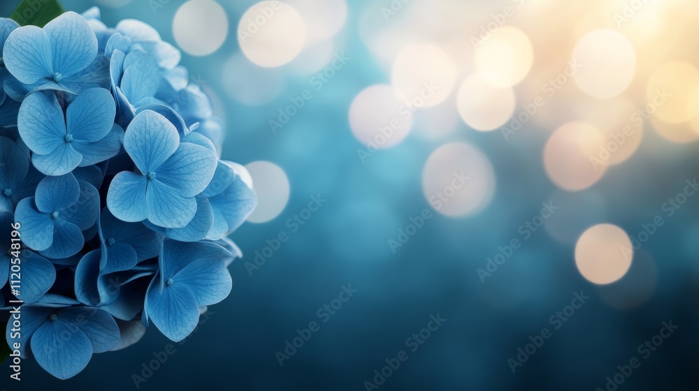 Poster a vibrant blue hydrangea bloom showcases soft petals against a dreamy pastel bokeh background, offer