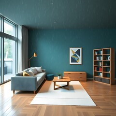 Obraz premium minimalist modern apartment interior design, clean and organized layout, geometric art poster mockup, light gray furniture, natural wood accents, sleek decor, open-plan living space