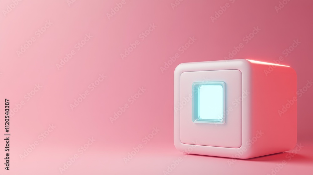Poster Pink Cube Shaped Device With Illuminated Screen