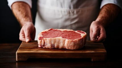 An experienced butcher proudly displays a marbled raw beef steak on a wooden cutting board, highlighting its texture with soft lighting, perfect for culinary promotions