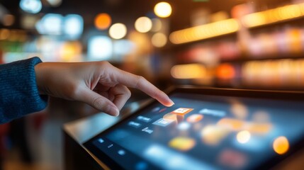 A finger taps a touchscreen at a self-service checkout, with colorful product shelves blurred in the background, illustrating a modern shopping experience