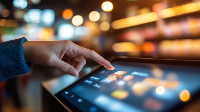 A finger taps a touchscreen at a self-service checkout, with colorful product shelves blurred in the background, illustrating a modern shopping experience