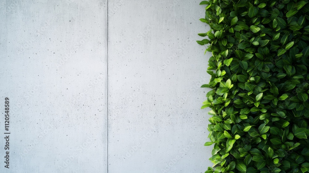 Poster close-up of vibrant green leaves cascading down a smooth concrete wall, highlighting the interplay b