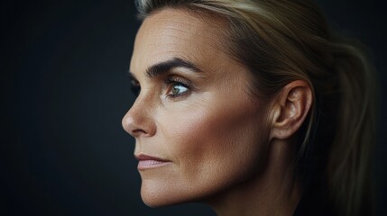 Fototapeta premium Close-up profile of a mature woman captures her thoughtful gaze, highlighted by shadows and soft light, creating a striking contrast against the dark backdrop