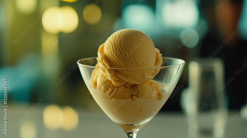 Poster a close-up view showcases a single scoop of creamy vanilla ice cream in a classic glass bowl. soft l