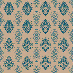 Elegant damask pattern in teal on soft peach background, perfect for textiles and wallpapers