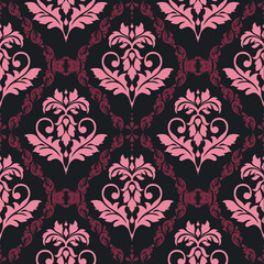 Elegant pink damask pattern on dark background, perfect for textiles