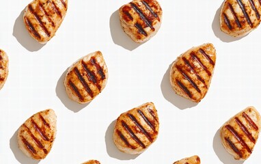 Grilled chicken breasts with char marks arranged neatly on white background