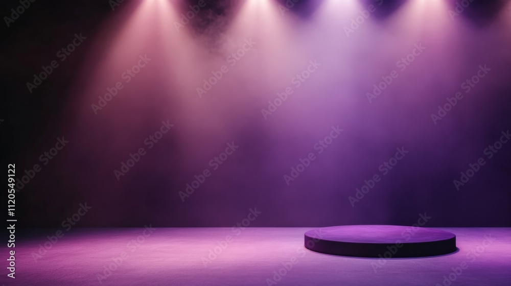Poster A dark purple podium stands in an abstract studio illuminated by a single spotlight, emphasizing a modern aesthetic with ample copy space on the right side
