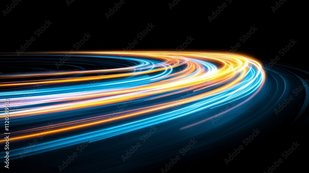 Poster Glowing blue light rays streak across a dark background, creating a dynamic abstract design with ample copy space on the right side for text