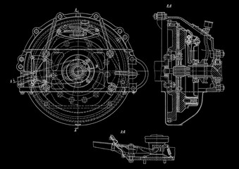 Clutch and wheel of car.
Engineering automotive mechanical drawing of steel 
device on paper sheet. Industrial cad scheme. 
Technology design of machine building industry. 
Machined template.