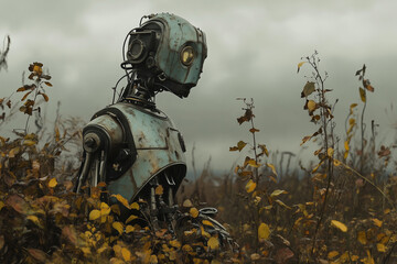 Rustic Robot Standing Amidst Wild Overgrown Fields in a Post-Apocalyptic Landscape, Symbolizing the Fusion of Nature and Technology in a Future World Reclaimed by the Environment
