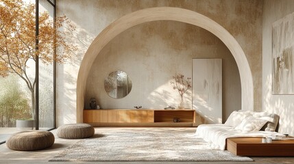 Sunlit minimalist bedroom with arched alcove, wooden furniture, and large window overlooking autumnal garden.
