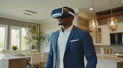 Man in suit using VR headset in modern home.