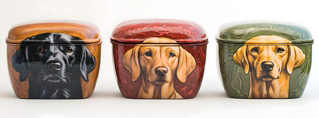 Artistic Ceramic Dog Cremation Urns with Detailed Portraits of Labrador Retrievers in Black, Red, and Green Tones