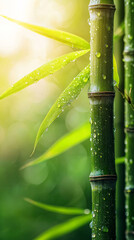 Obraz premium Fresh bamboo stalks with dew drops, creating peaceful Zen atmosphere