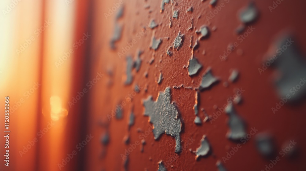 Poster Close-up of a weathered iron surface displaying texture through rust and layers of chipped paint, emphasizing the contrast of metallic and earthy colors