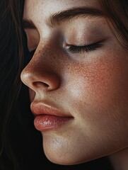 Contemplative young woman closing eyes in meditation. Close-up girl face eye closed.