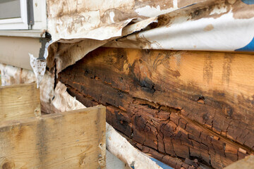 Removed Deck Ledger Board Reveals Dry Rotten Rim Joist Board with Extensive Damage on House