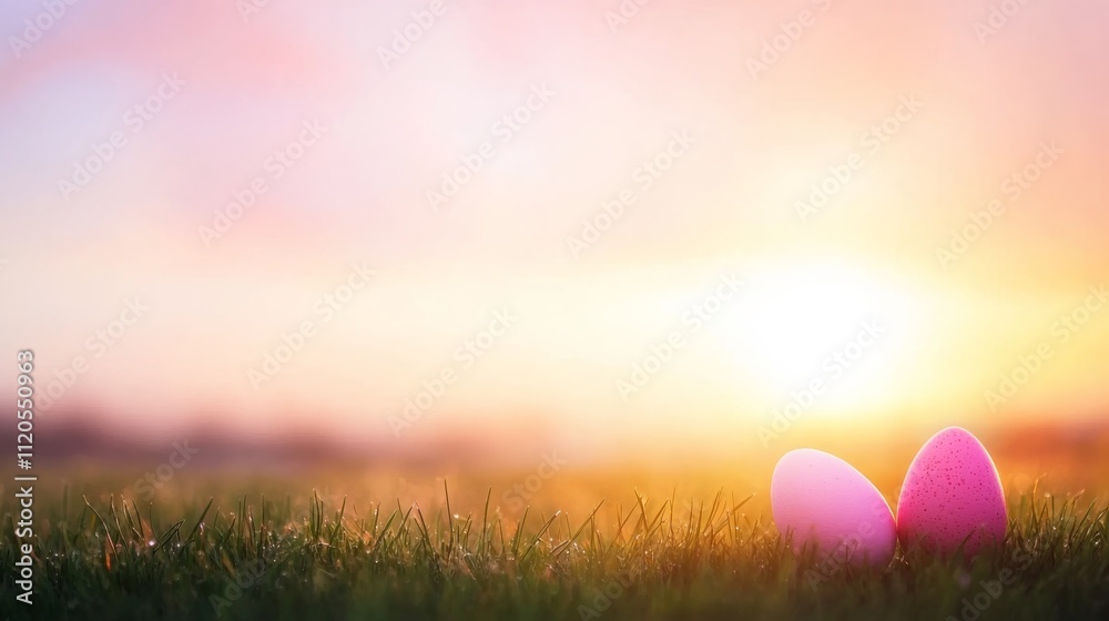 Poster a panoramic view of a dewy field at sunrise features vibrant easter-themed decorations scattered in 