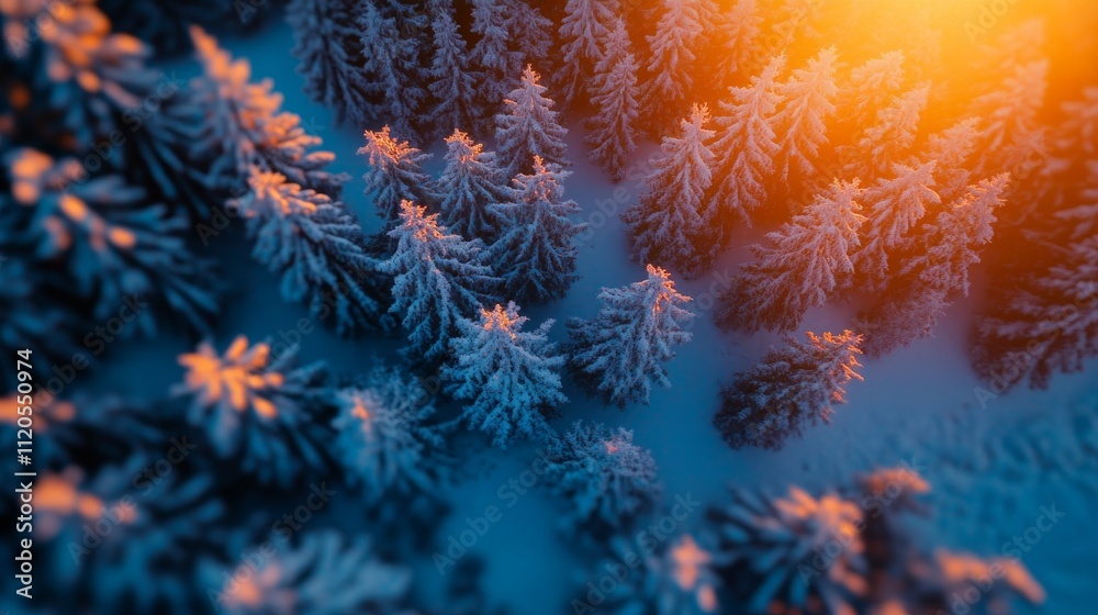 Poster frost-covered fir branches shimmer in golden sunlight, illuminating a tranquil snow-laden forest, cr