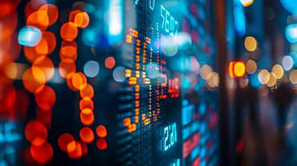 Financial stock exchange market display screen board on the street with selective focus.
