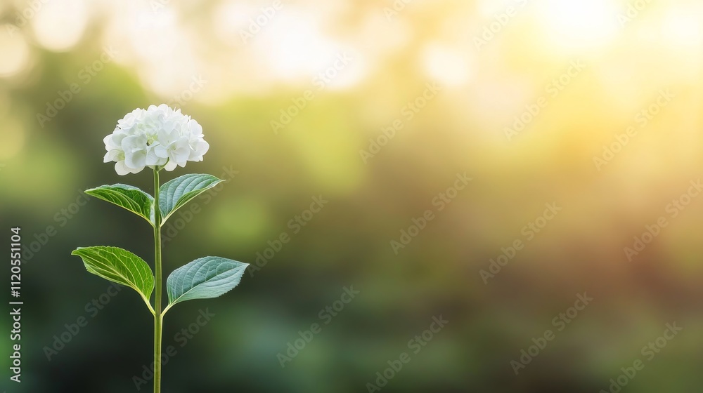 Poster A blooming white hydrangea stands vibrant against a soft bokeh backdrop, perfect for adding text or design elements on the left side