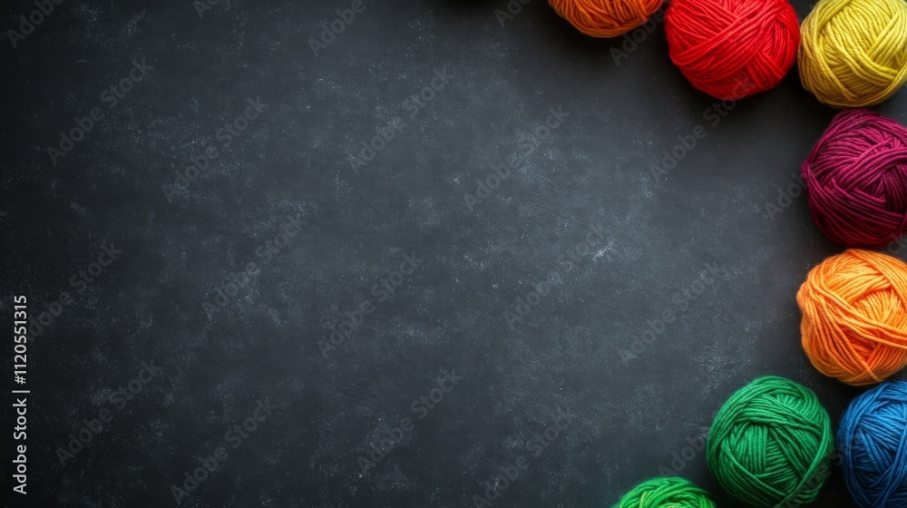 Aufkleber top-down view of vibrant rainbow-colored wool yarn balls placed in a circular arrangement on a gray 