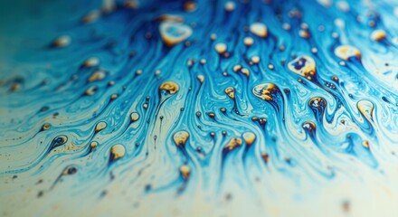 Abstract close-up of colorful soap film with swirling blue, gold, and white patterns, AI