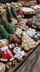 Obraz premium A table of decorated gingerbread cookies in the shape and color scheme of Christmas trees, snowmen, reindeer, marshmallows, chocolate chips, cinnamon sticks, and other decorations
