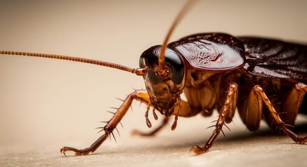 Fototapeta premium Close-up of a brown cockroach with detailed antennae and legs on a beige surface, AI