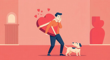 Man carrying a large heart-shaped gift while smiling at a dog in a warm, minimalistic setting, AI