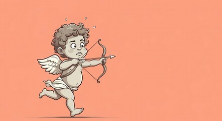 Fototapeta premium Cute cartoon illustration of a cherub with curly hair, wings, and a bow and arrow on a peach background, AI