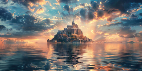 Obraz premium A fantasy-style island castle floating above the ocean, with mystical lights