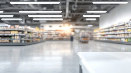 Fototapeta premium Large grocery store filled with shoppers, fully stocked shelves stretching into the distance, creating a vibrant sense of abundance and variety available