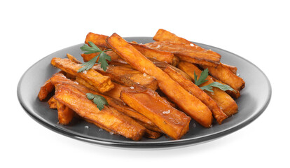 Delicious sweet potato fries with spices isolated on white