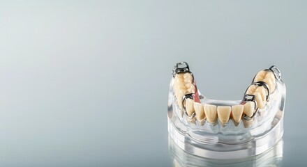 Dental prosthesis model showcasing lower jaw with artificial teeth and metal braces on a clear base, AI