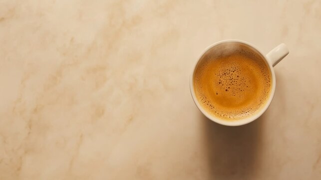 A steaming coffee mug rests on a smooth white stone table under soft lighting, inviting a moment of calm and reflection in a peaceful environment