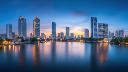 Cityscape Skyline Reflecting on Calm Water at Dusk